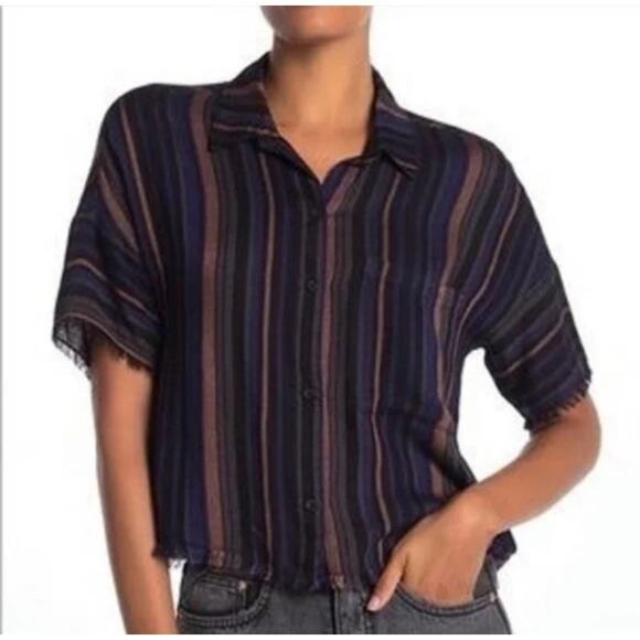 Cloth & Stone Striped Button Down Shirt Large | Frayed Hem Casual Top - Picture 1 of 7